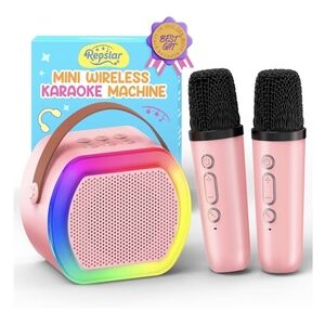 Karaoke Machine with 2 Microphones LED Bluetooth Wireless Mini Pink